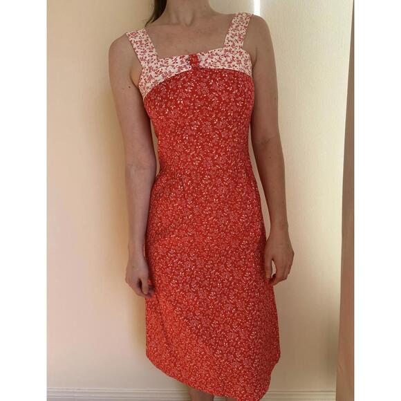 Red and White Handmade Floral Prairie Mini Dress - Picture 3 of 6